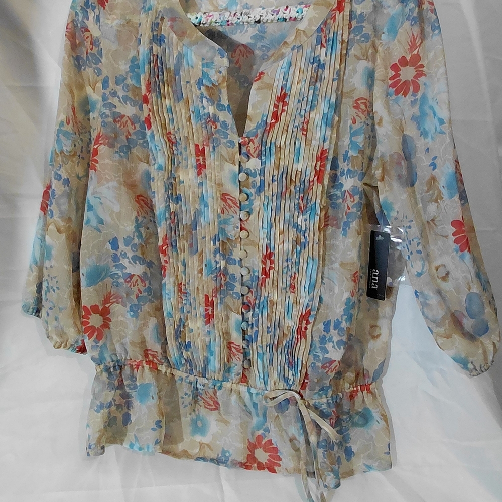 a.n.a Floral Pintuck Tie-Waist Blouse - Blue, Red & Cream